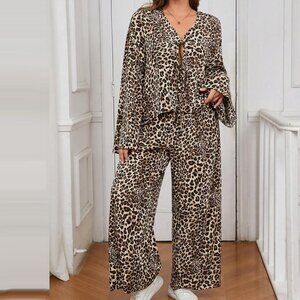 Brown Leopard Print Cropped Top and Wide Leg Pants Set